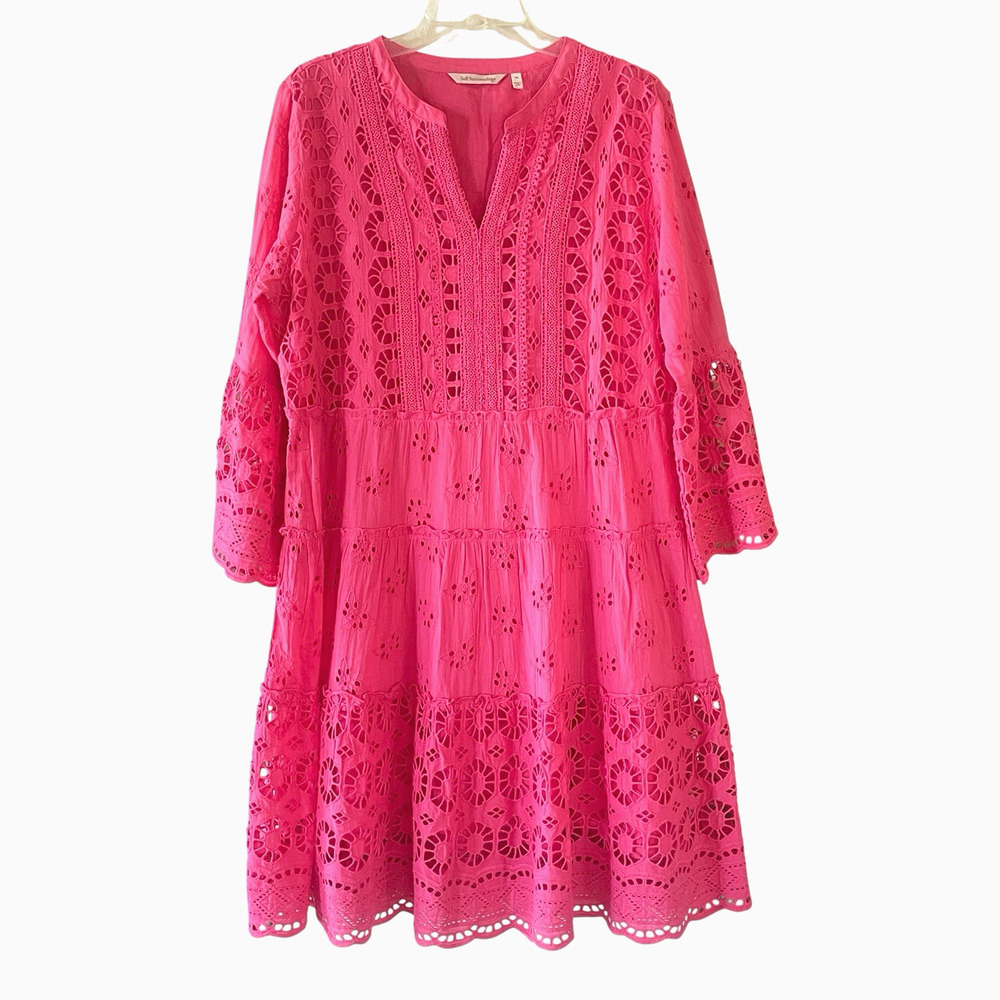SOFT SURROUNDINGS Cordelia Size 16 Pink Eyelet Cotton Lined Tiered Swingy Dress